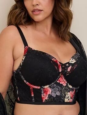 Torrid Skull & Rose XO Plunge Push-Up Longline Bra NWOT Lace Strappy